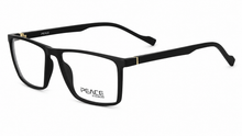 Load image into Gallery viewer, Black rectangular eyeglasses with gold metal accents on the temples, featuring the brand name esquire , flexible durable body .
