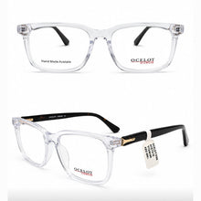 Load image into Gallery viewer, clear acetate frames, black temples, and small gold metal accents , durable and best fit for all occasions.
